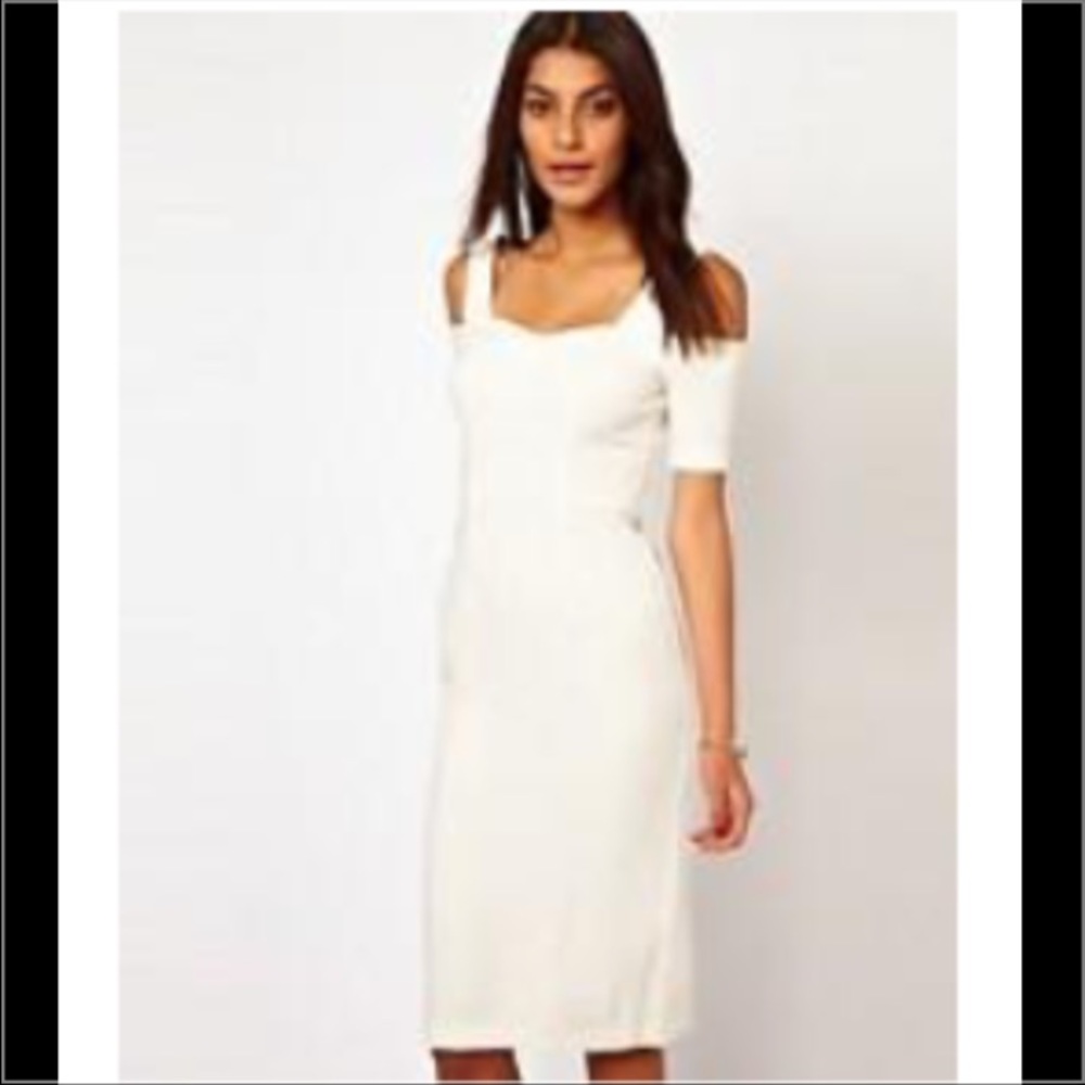 NWT ASOS STRETCH IVORY OFF SHOULDER MIDI DRESS 6